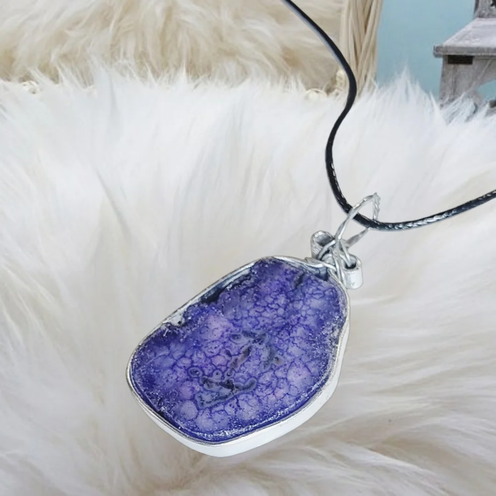 Handmade Natural Druzzy Pendant with Black Cord Necklace